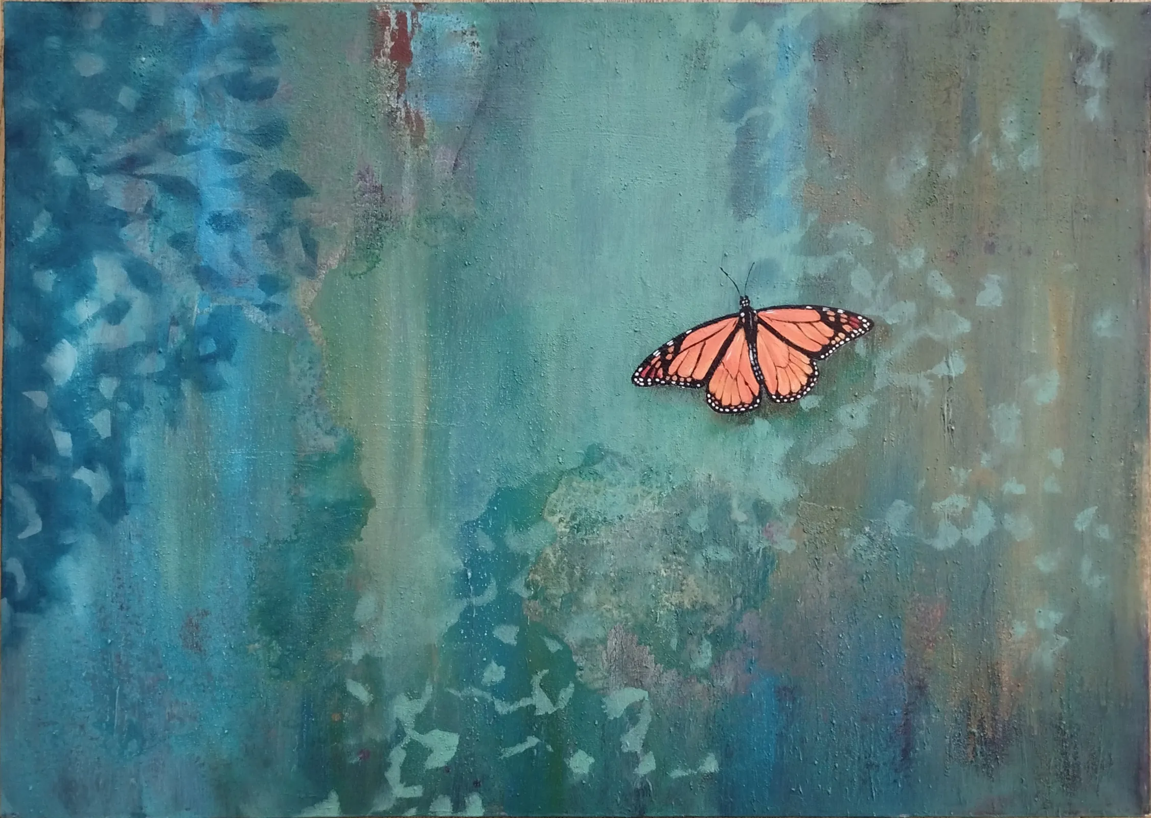 80 x 60 cm canvas, acrylverf en structuur. Oranje monarchvlinder contrasteert mooi tegen de blauwgroene achtergrond.