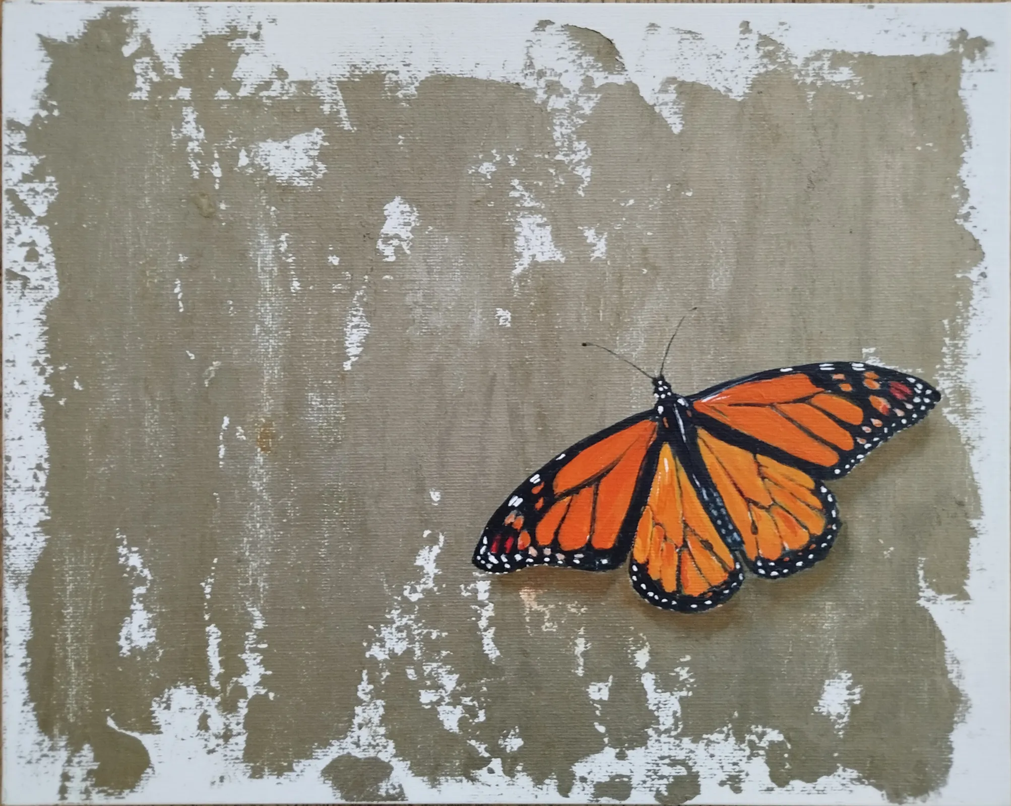 Monarchvlinder op goudkleurige achtergrond. Acrylverf op canvas op board, &plusmn; 24x30 cm.