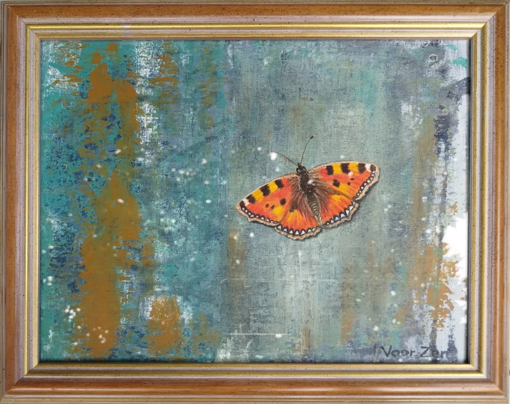 Een cadeautje. Kleine vos op doekje van 24 x 30cm, acrylverf.