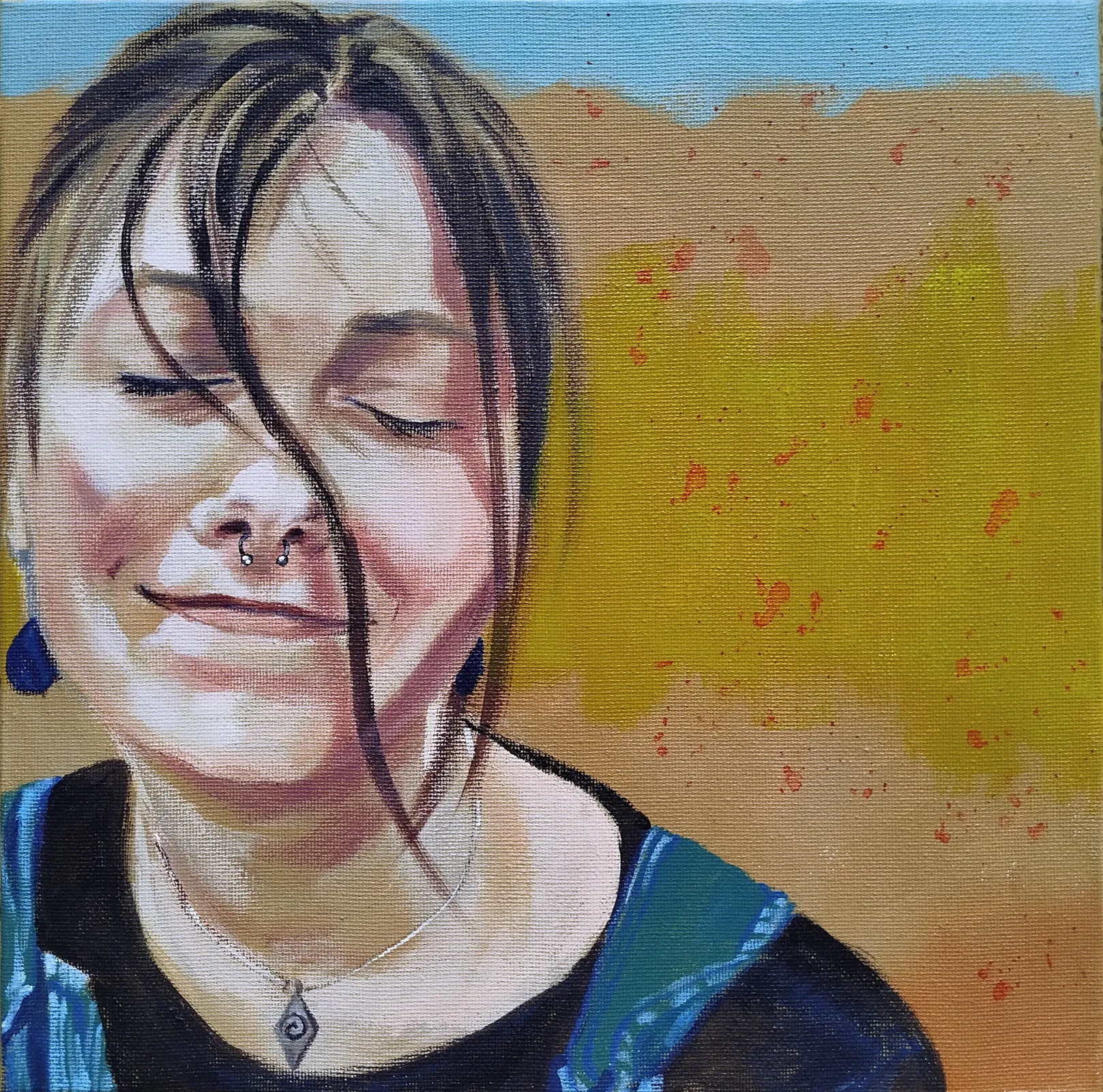 Genieten. Portretje in acryl, ± 29 x 29 cm